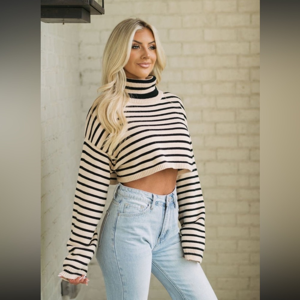 Striped Cropped Turtleneck Sweater